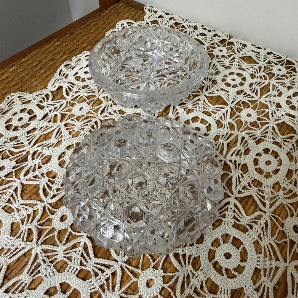 Vintage Glass Diamond Point Clear Covered Candy Dish Footed Oval 5in
